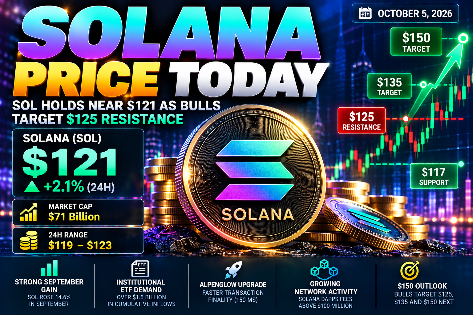Solana Price Today: SOL Holds Near $121 as Bulls Target $125 and $148