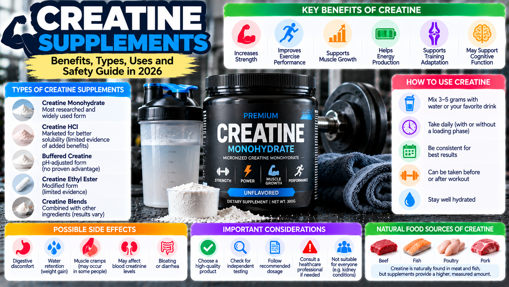 Creatine Supplements in 2026: Benefits, Types, Uses, and Safety Guide