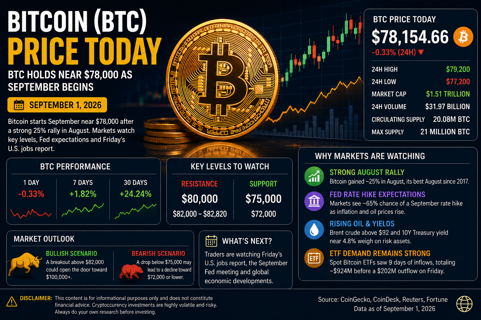 Bitcoin Price Today: BTC Holds Near $78,000 as September Begins After Strong August Rally