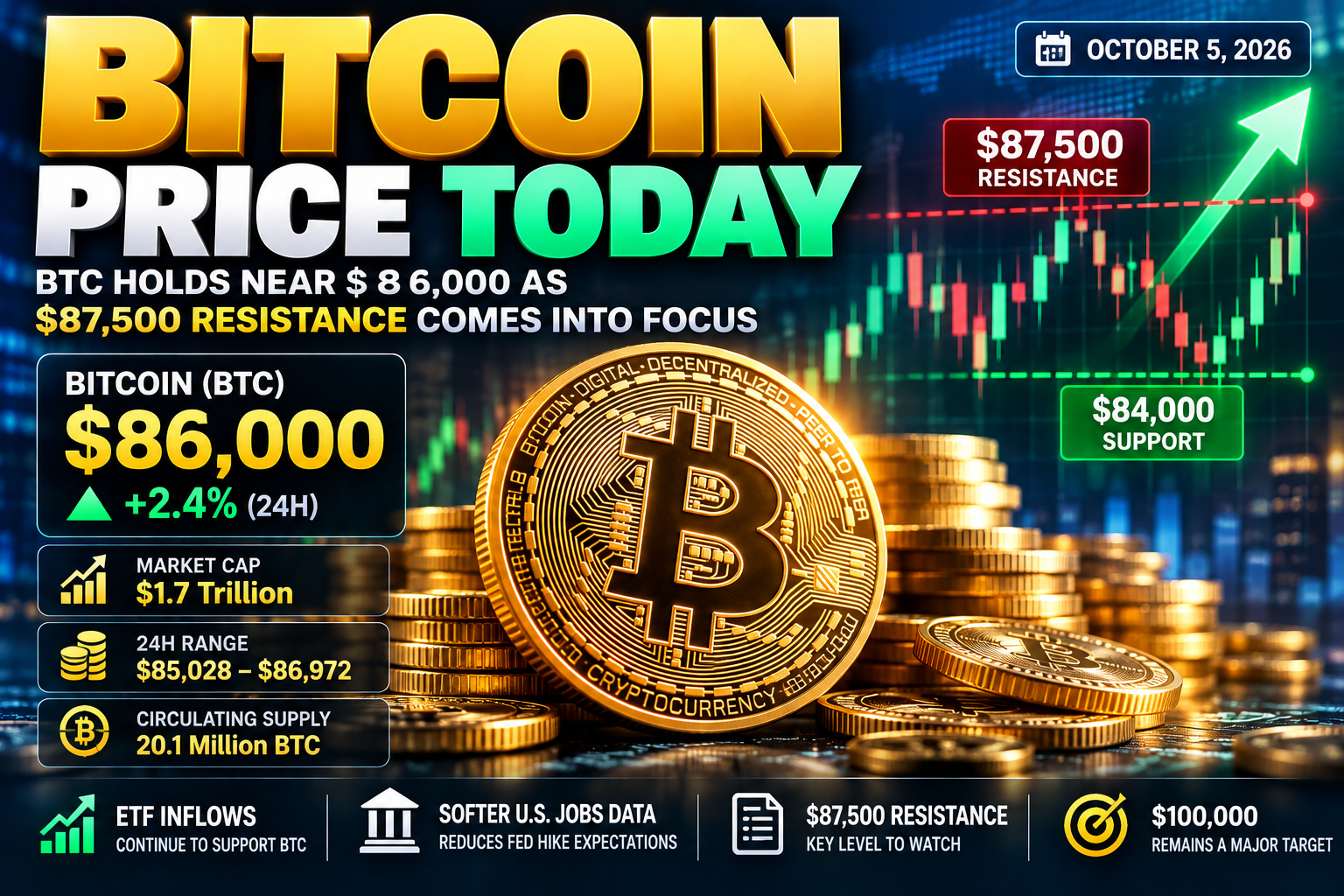 Bitcoin Price Today: BTC Holds Near $86,000 as $87,500 Resistance Comes Into Focus