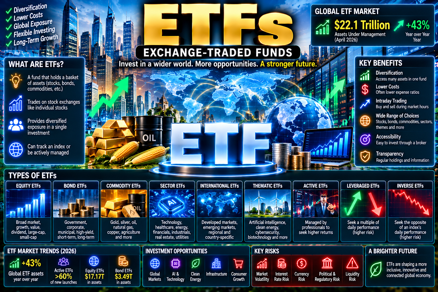 ETFs: A Complete Guide to Exchange-Traded Funds, Investing, Types, Benefits, Risks, and the Future