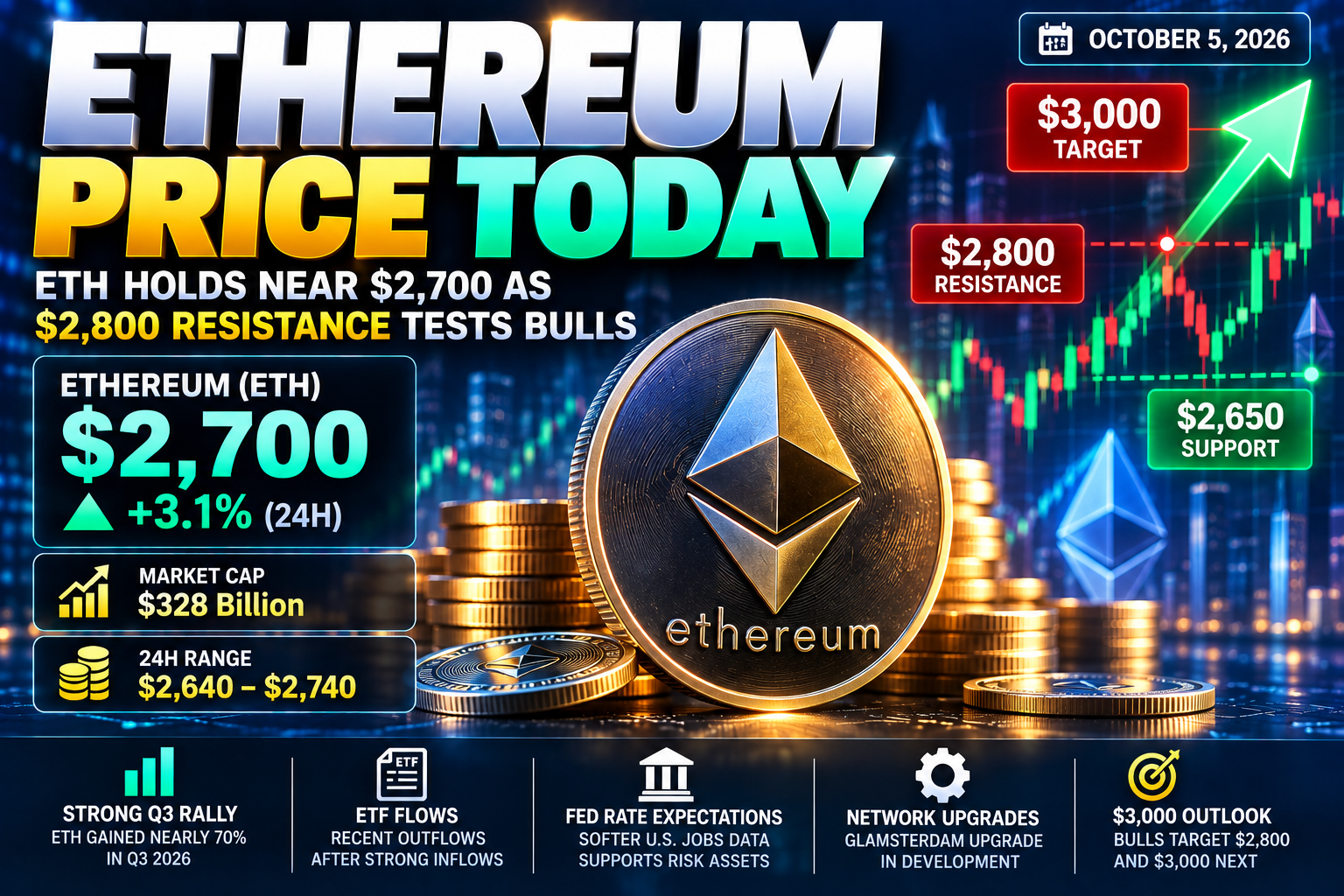 Ethereum Price Today: ETH Holds Near $2,700 as $2,800 Resistance Tests Bulls