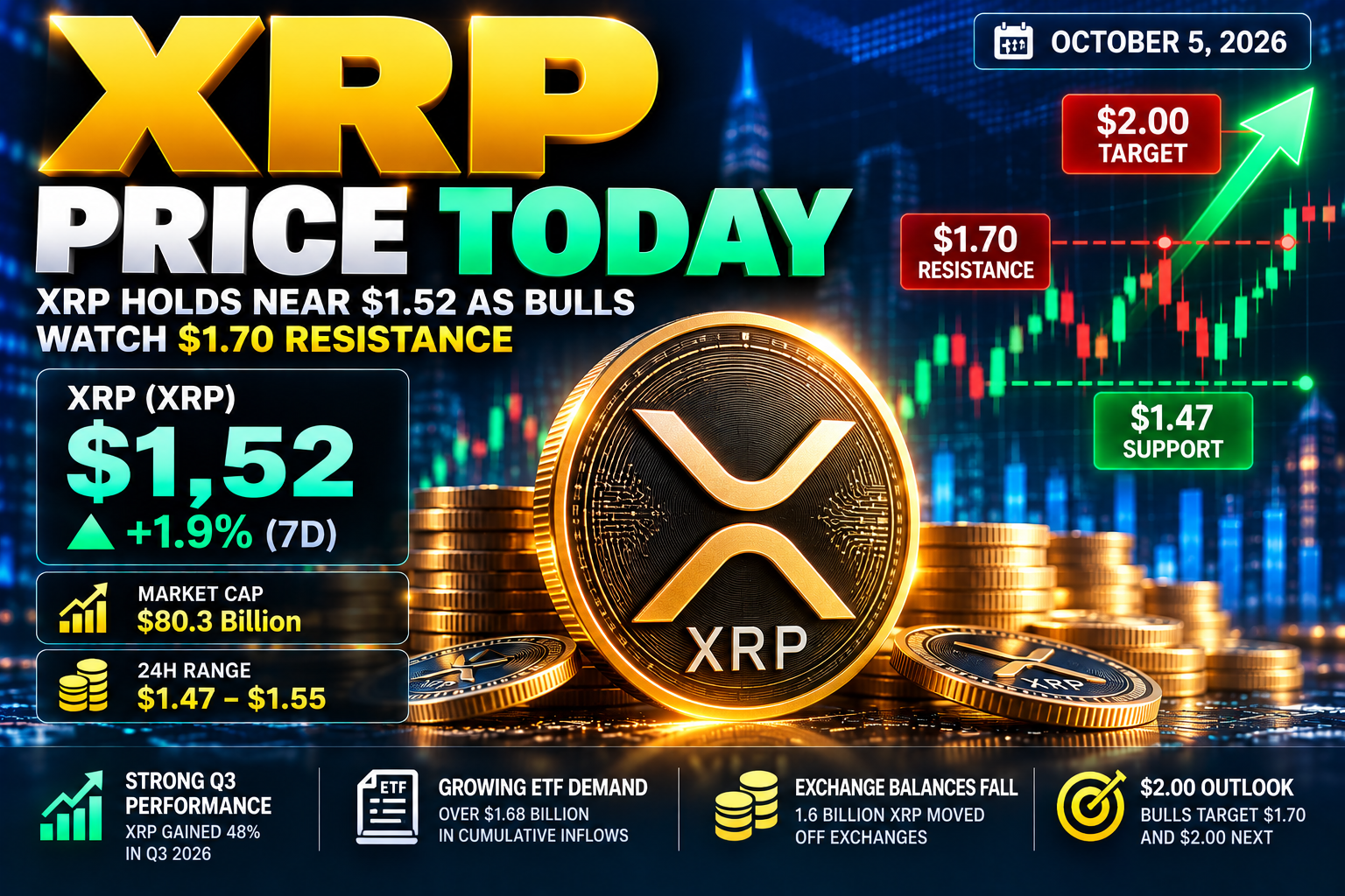 XRP Price Today: XRP Holds Near $1.52 as Bulls Watch $1.70 Resistance