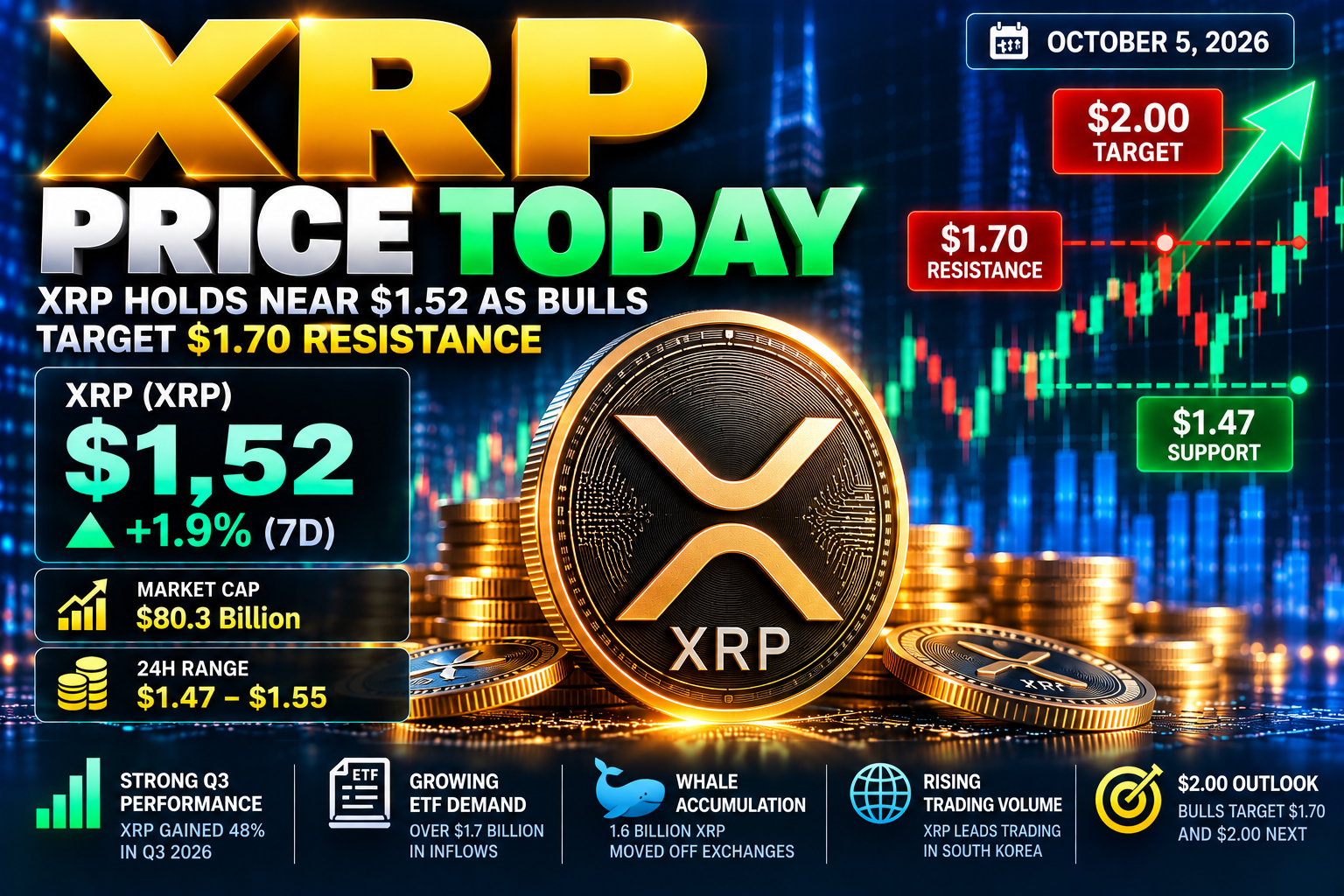 XRP Price Today: XRP Holds Near $1.52 as Bulls Target $1.70 Resistance