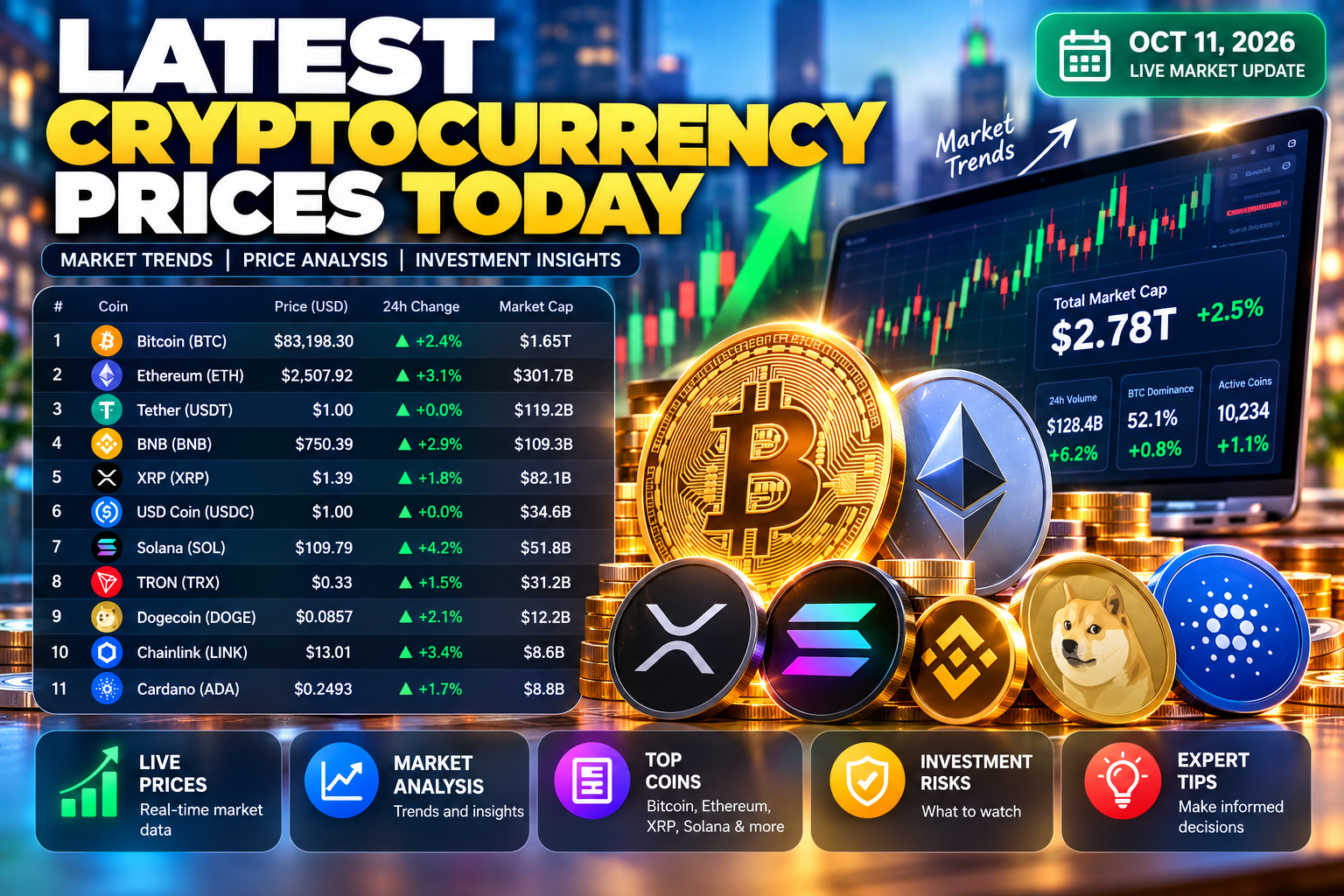 Latest Cryptocurrency Prices Today (October 11, 2026): Bitcoin, Ethereum, XRP, Solana and Top Crypto Coins