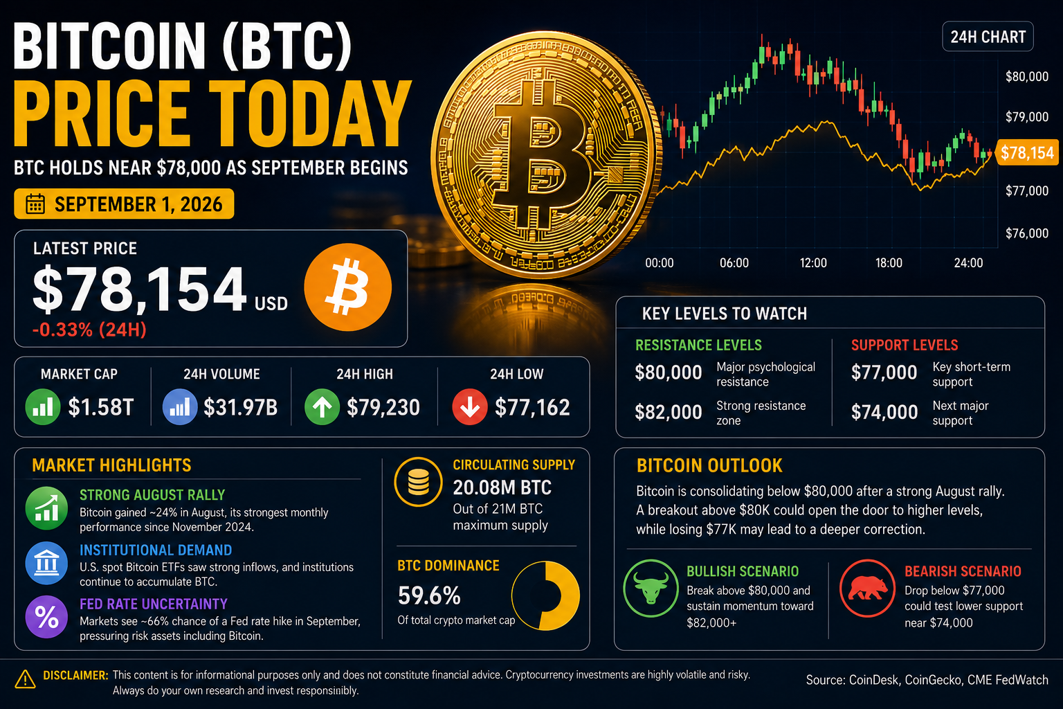 Bitcoin Price Today: BTC Holds Near $78,000 as September Begins — Latest Bitcoin Market Update